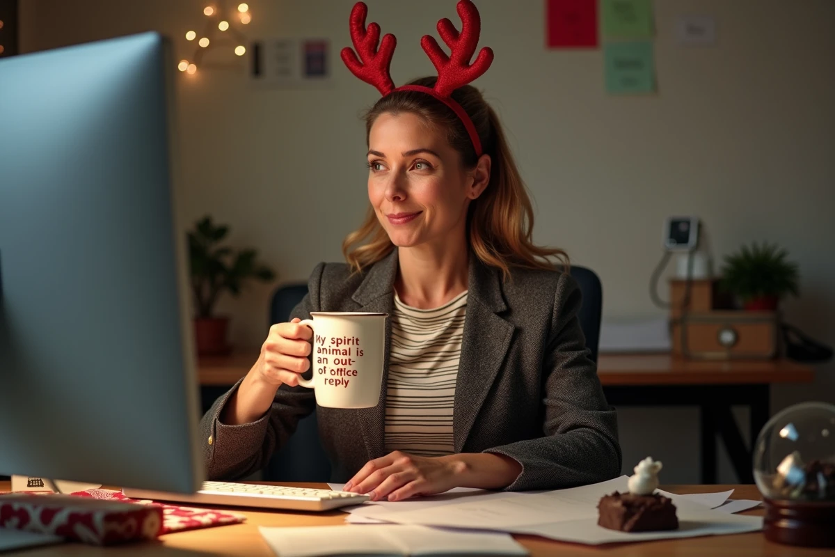 Femme au bureau avec bandeau renne tenant une tasse de café humoristique pendant les fêtes de Noël au travail