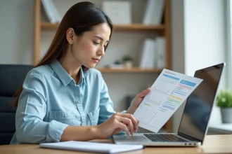 Femme utilisant un calculateur de dates sur ordinateur portable dans un bureau à domicile organisé