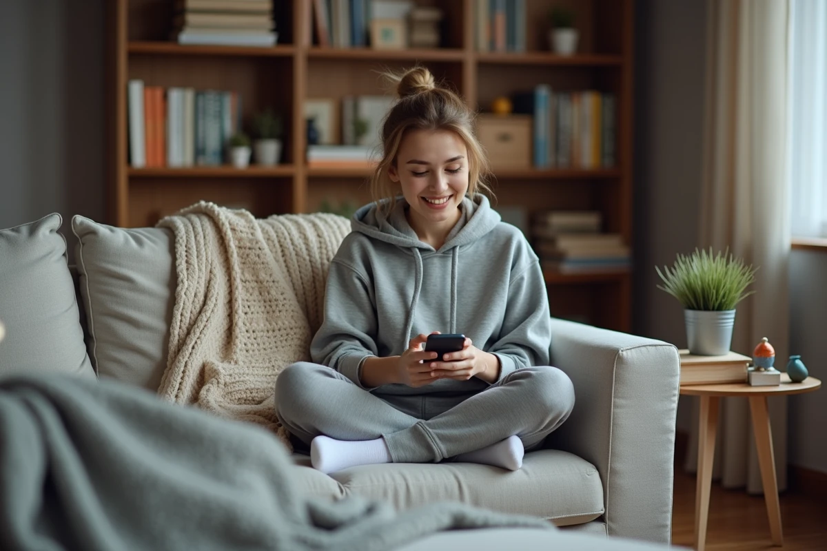 Jeune femme souriante sur un canapé à la maison en train d'écrire un message d'amitié sur son téléphone dans une ambiance cosy