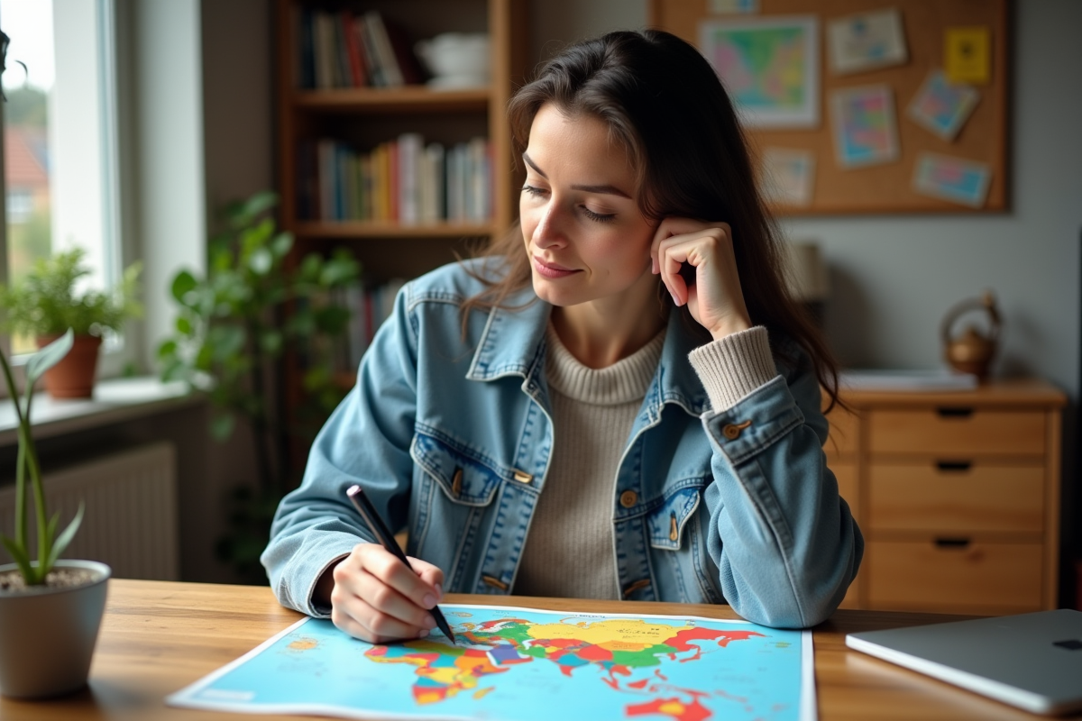 Femme en bureau examinant une carte de voyage
