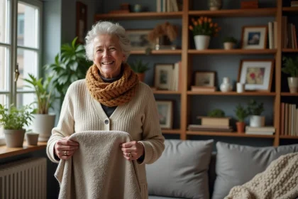 Femme souriante en hiver pose une couverture sur un radiateur