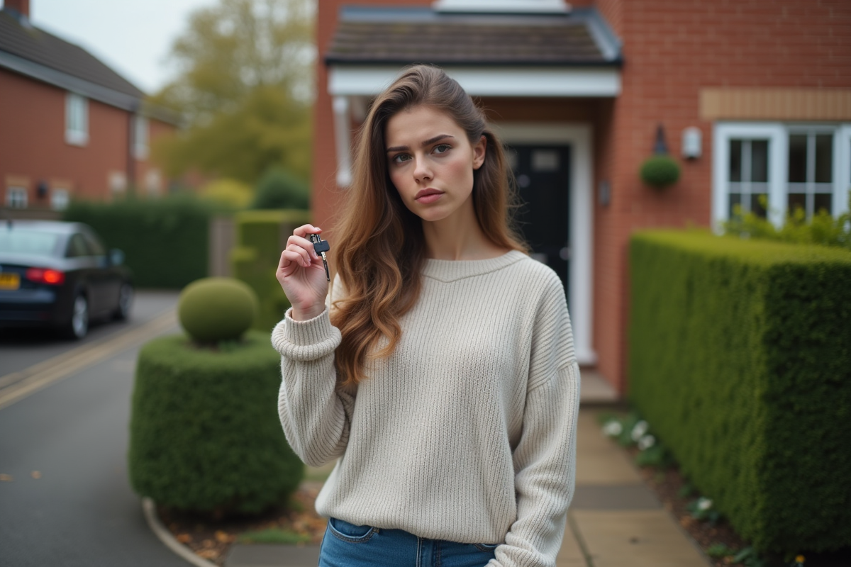 Jeune femme tenant une clé devant une maison de banlieue