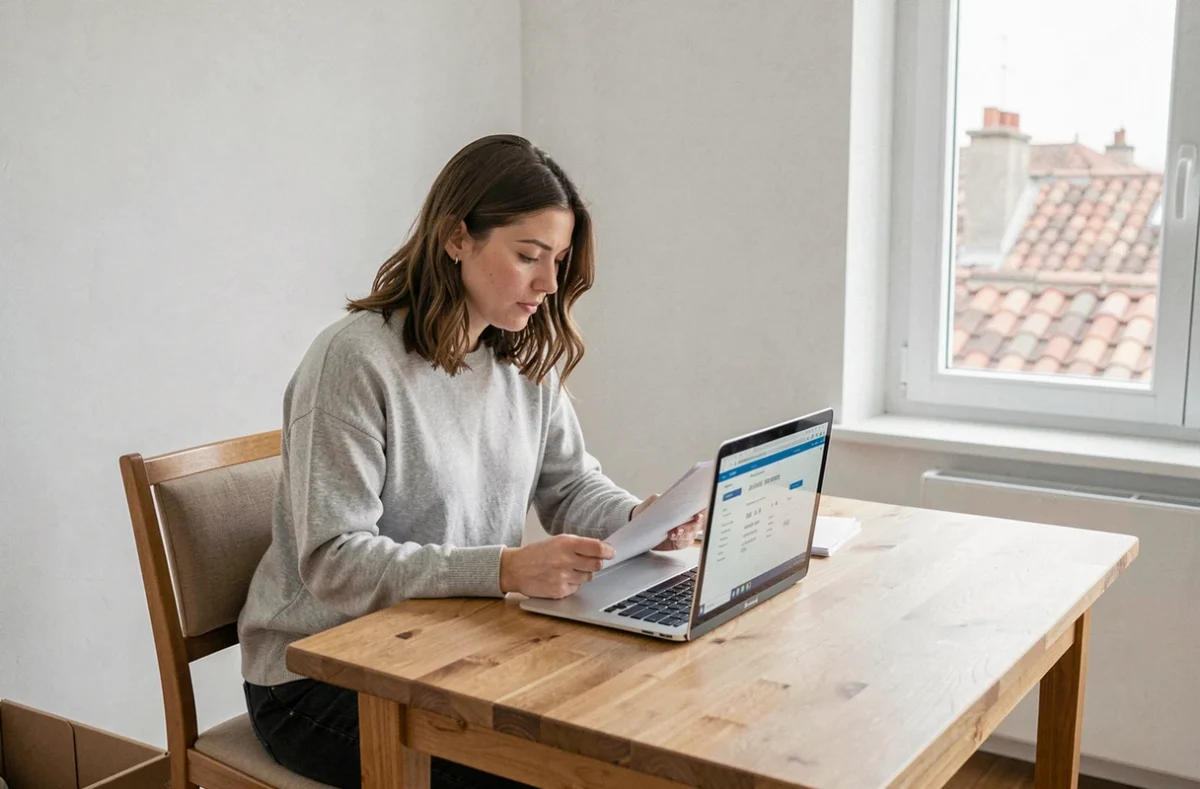 Femme consultant les codes postaux de Limoges depuis son nouvel appartement vide