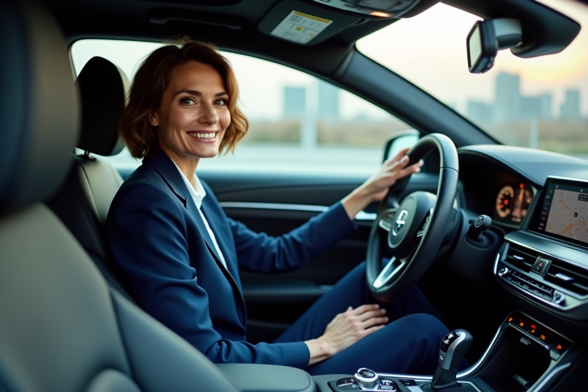Femme d'âge moyen dans une voiture moderne en conduite autonome