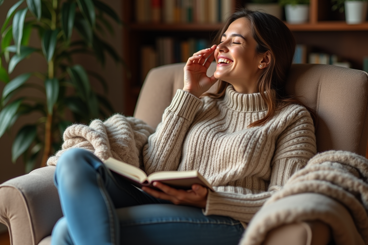 Femme souriante dans un salon cocooning