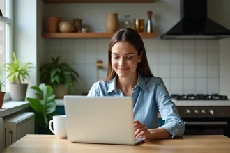 Femme assise à la cuisine avec ordinateur et tasse
