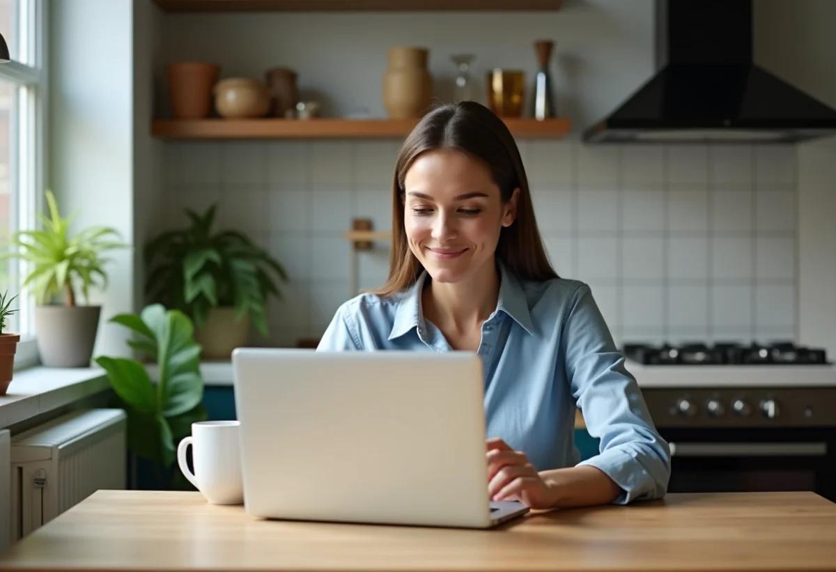 Femme assise à la cuisine avec ordinateur et tasse