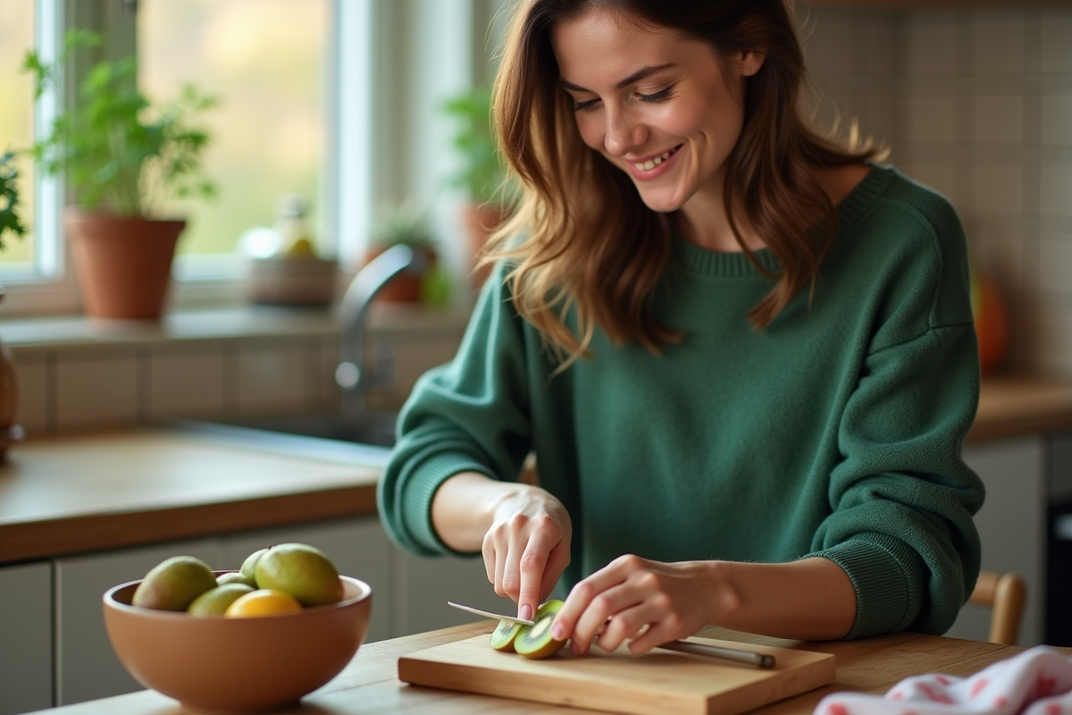 Femme souriante préparant un bol de fruits dans la cuisine