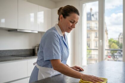 Femme de ménage professionnelle en uniforme bleu nettoyant un plan de travail dans une cuisine moderne d'appartement parisien à Issy-les-Moulineaux