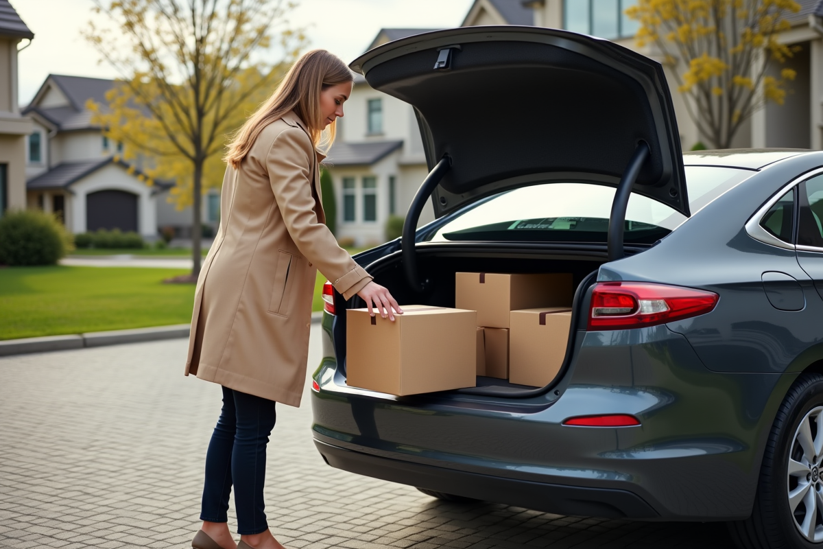 Femme déchargeant des colis dans une voiture hybride