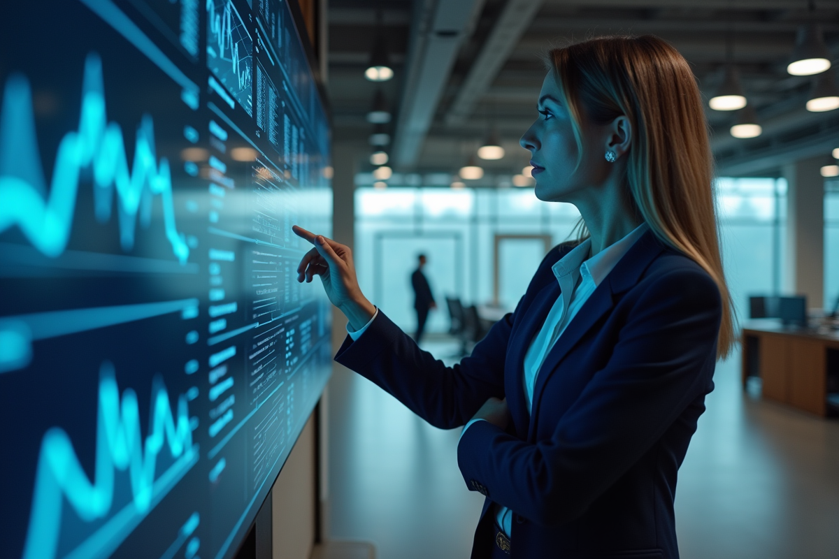 Femme d'affaires regardant un écran digital avec graphiques