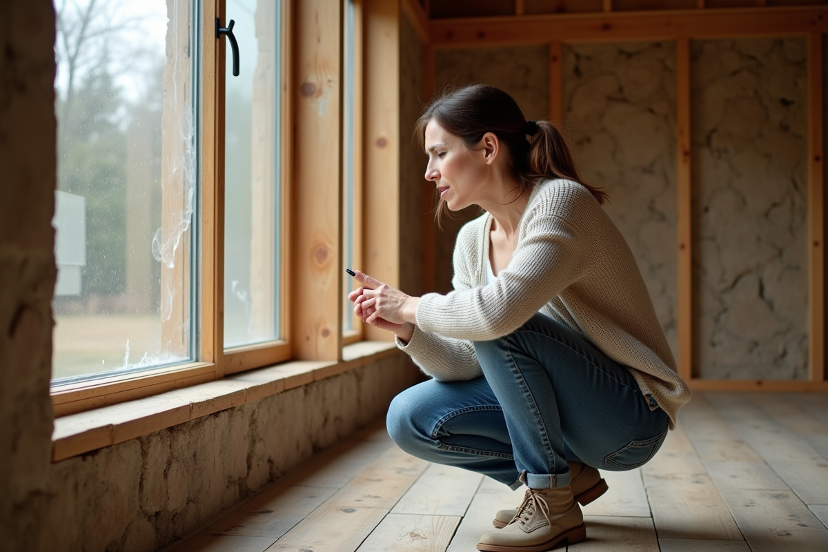 Femme examinant condensation dans une maison écologique