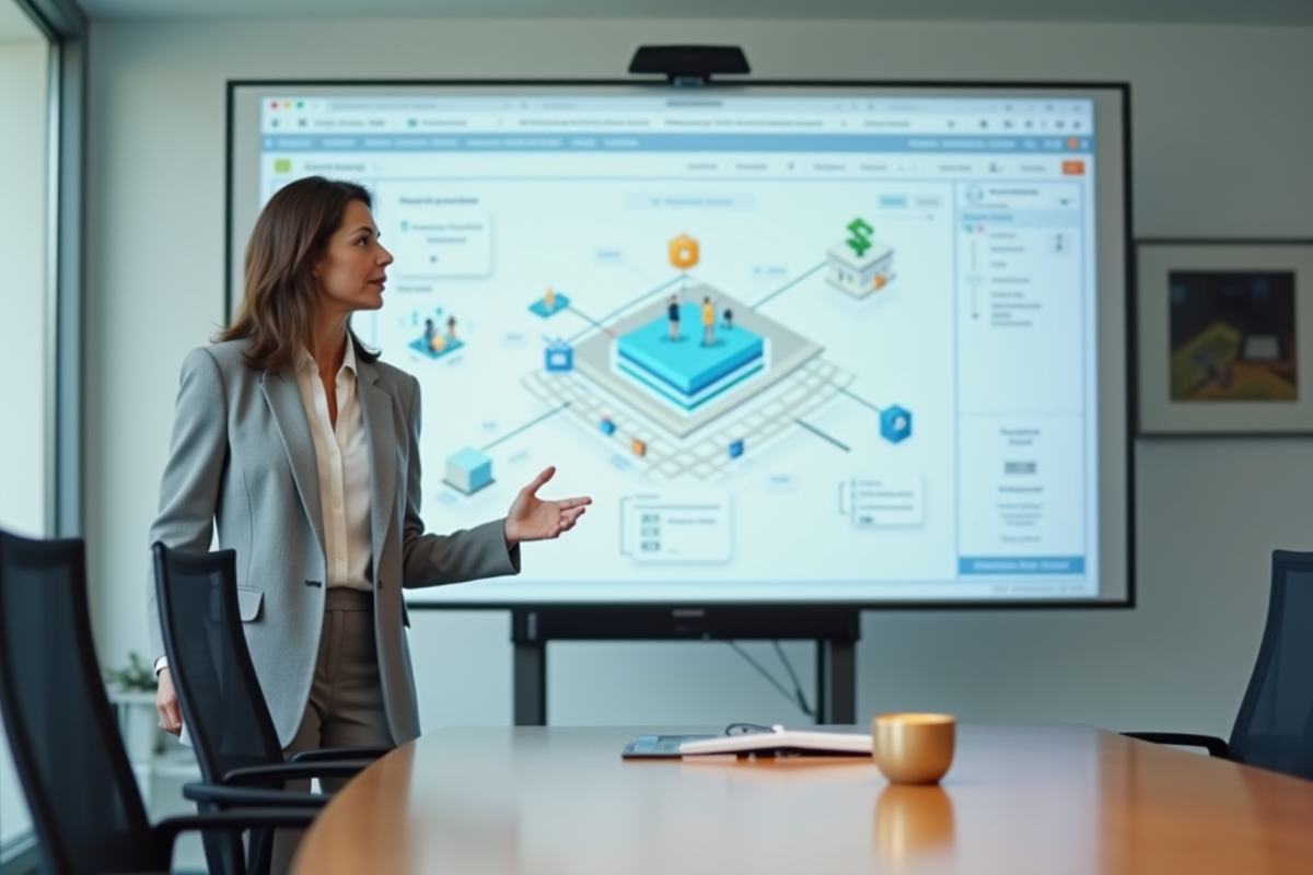 Femme en réunion expliquant un système digital