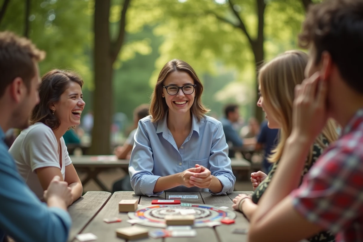 Femme c&eacute;l&eacute;brant sa victoire au Monopoly en ext&eacute;rieur