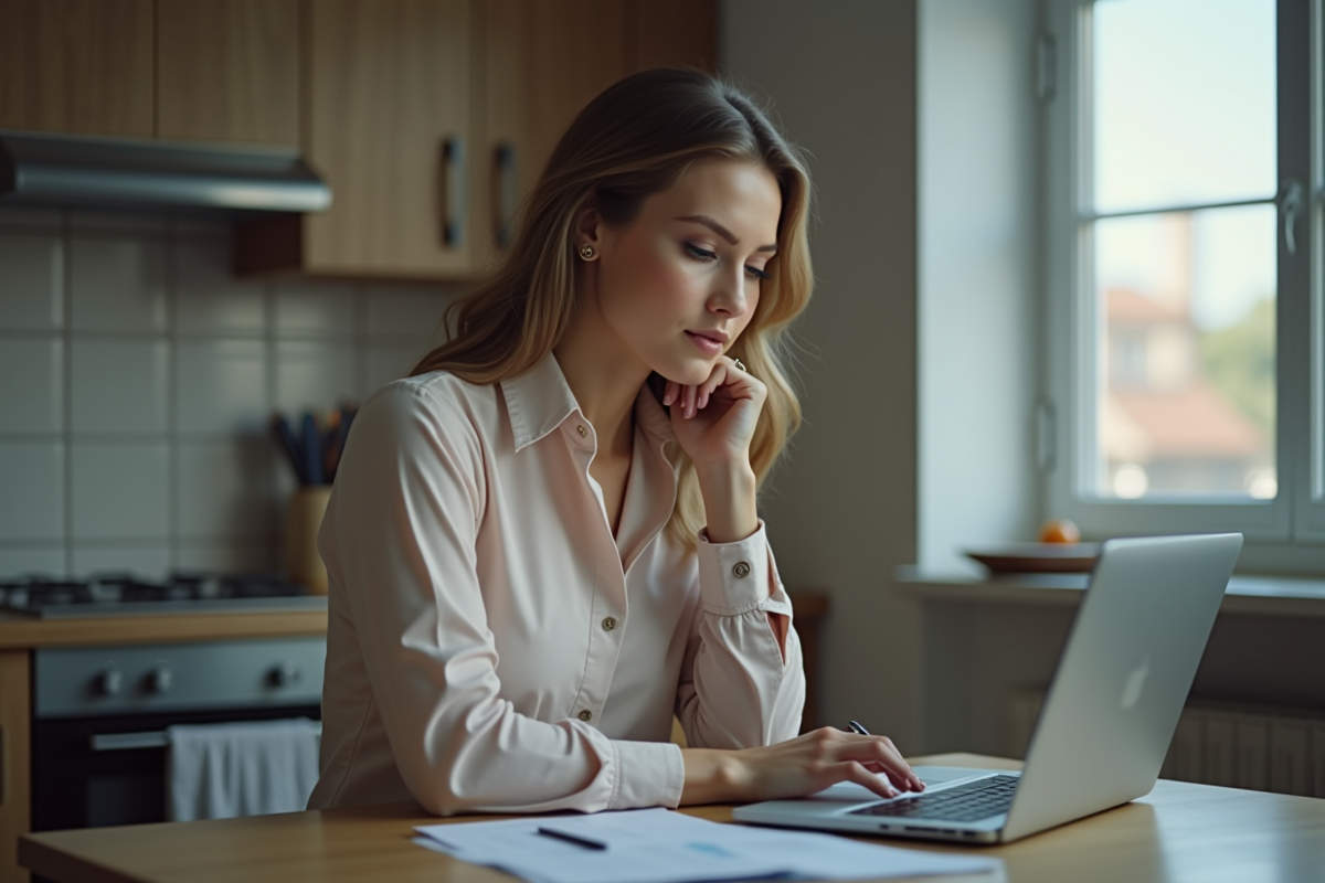 Femme concentrée vérifiant ses factures à la maison