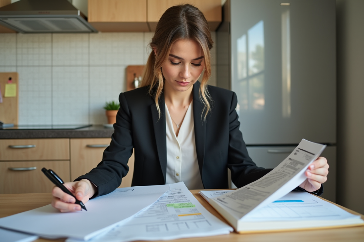 Femme jeune analysant des reçus de location dans sa cuisine