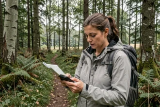 Femme utilisant un GPS à l'entrée d'une forêt en France du Nord pour se repérer sur Google Maps
