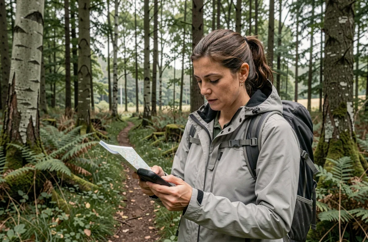 Femme utilisant un GPS à l'entrée d'une forêt en France du Nord pour se repérer sur Google Maps