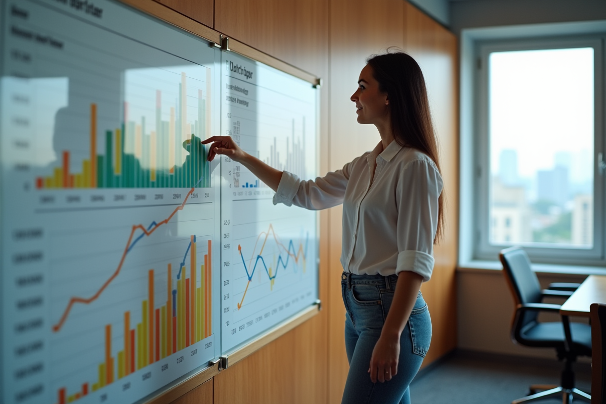 Jeune femme pointant un graphique économique dans une salle de réunion