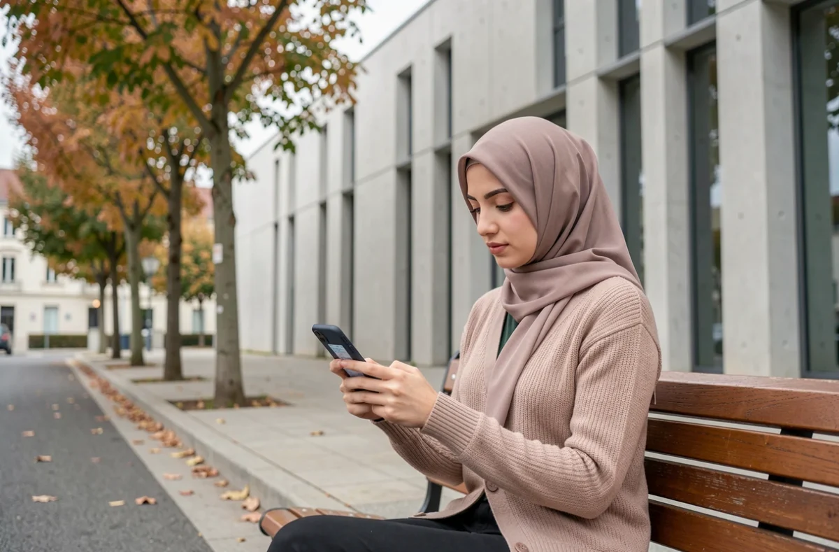 Jeune femme musulmane consultant les horaires de prière sur son téléphone devant une mosquée moderne à Nantes