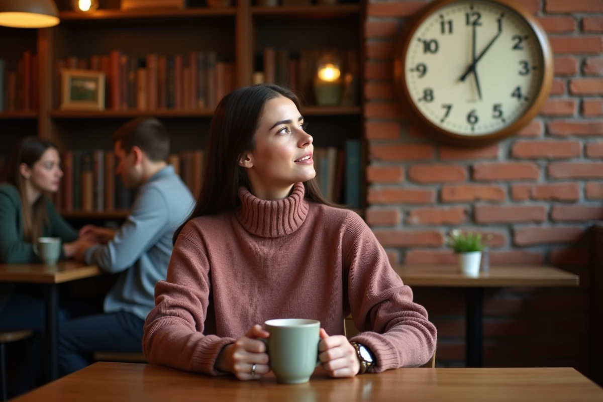 Femme seule dans un café observant une horloge affichant 10h10, symbolisant la synchronicité des flammes jumelles