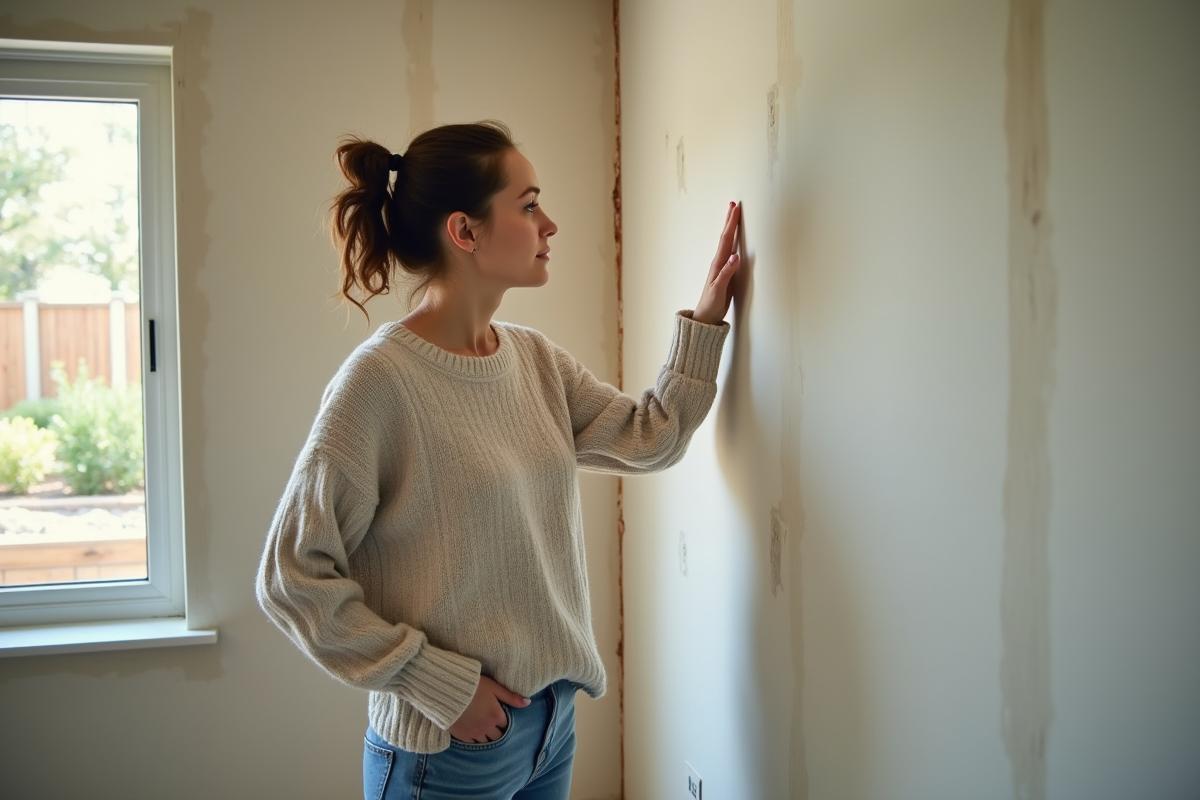 Femme inspectant un mur isolé dans un salon cosy