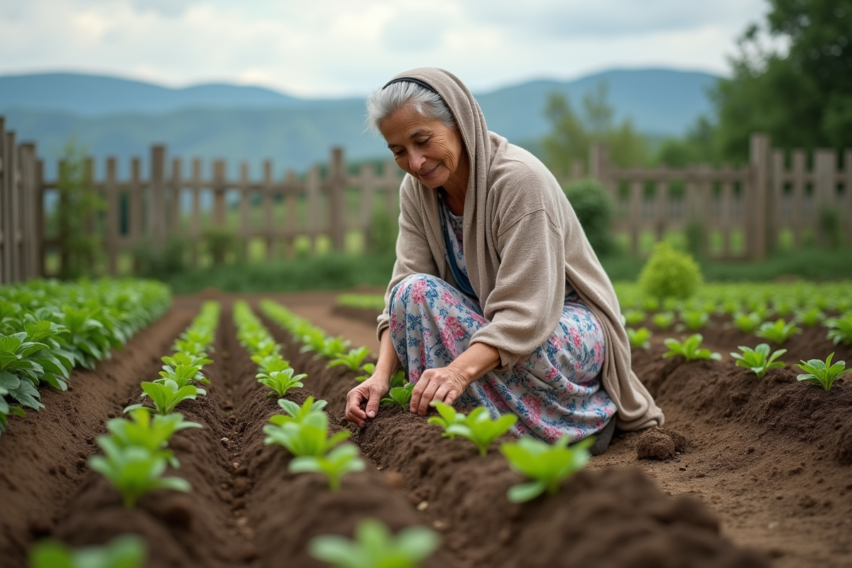 Femme au jardin plantant des jeunes pousses