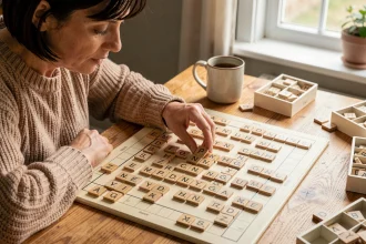 Femme posant une tuile de Scrabble sur un plateau de jeu classique, illustrant les combinaisons de lettres payantes