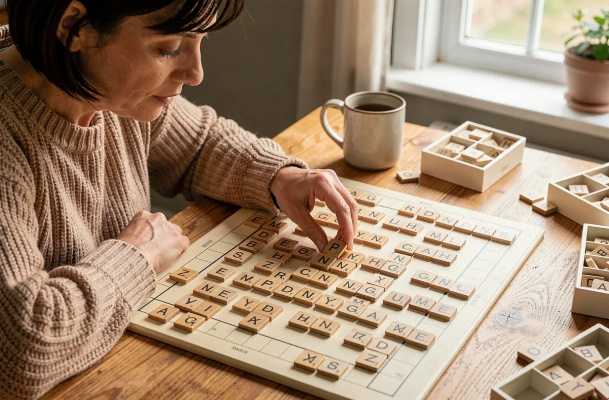 Femme posant une tuile de Scrabble sur un plateau de jeu classique, illustrant les combinaisons de lettres payantes