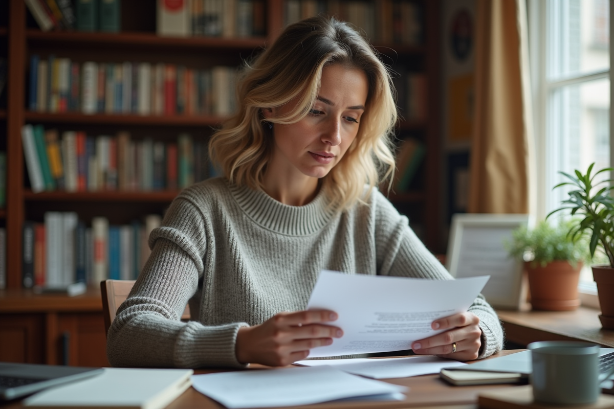 Femme examine texte sur document dans son espace cosy