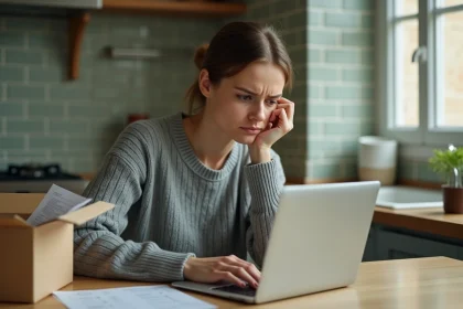 Femme frustrée consultant le centre d'aide Le Bon Coin sur son ordinateur portable pour résoudre un litige achat
