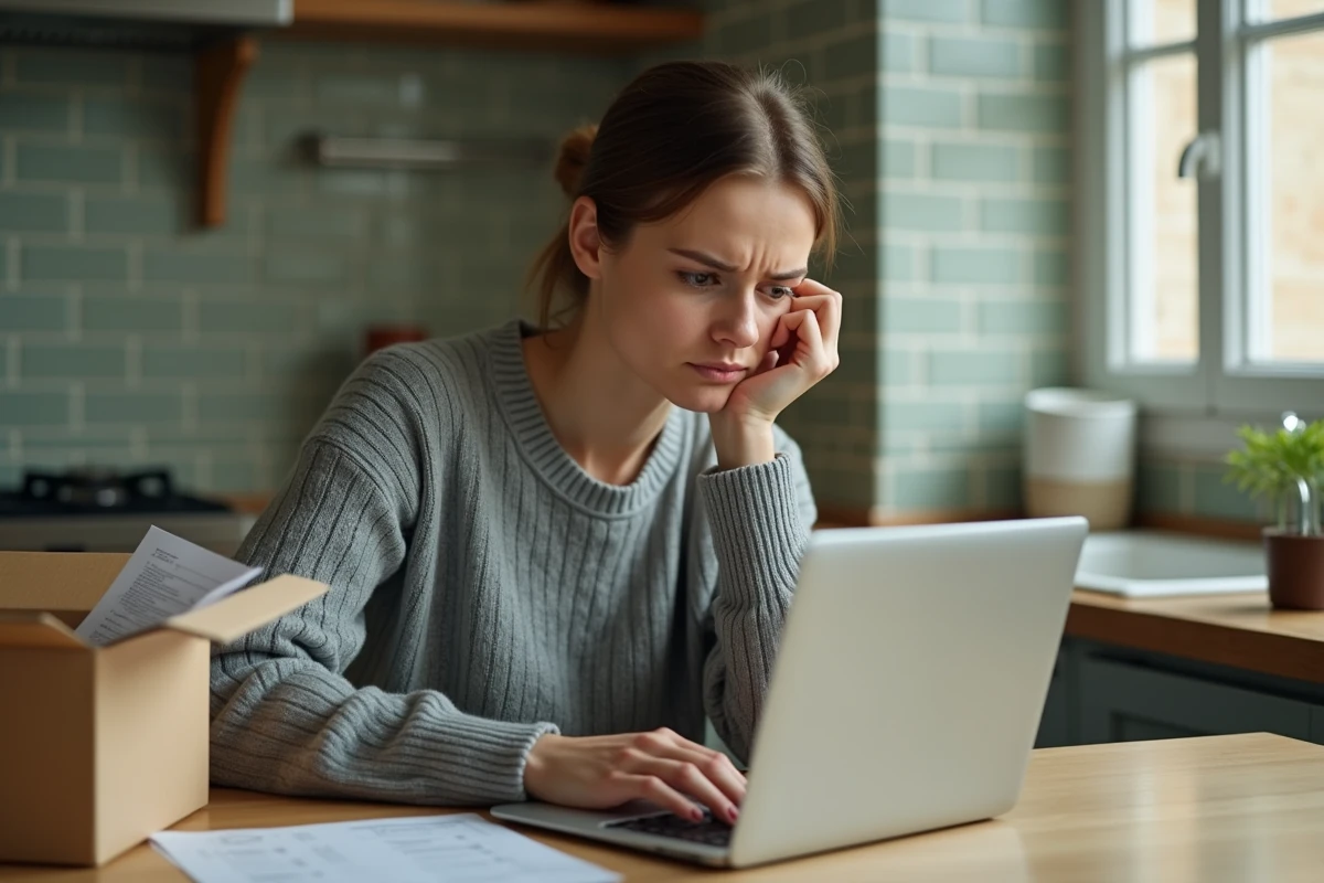 Femme frustrée consultant le centre d'aide Le Bon Coin sur son ordinateur portable pour résoudre un litige achat