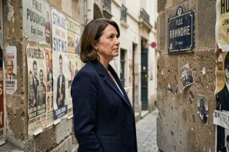 Femme en manteau indigo contemporain dans une ruelle pavée du vieux faubourg parisien, mêlant mode actuelle et patrimoine urbain