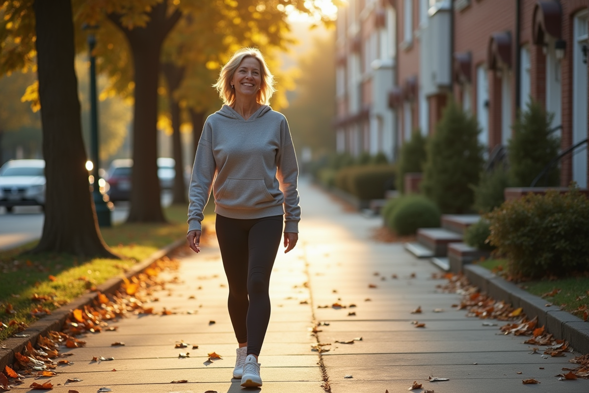 Femme d'âge moyen marche dans un quartier urbain au matin