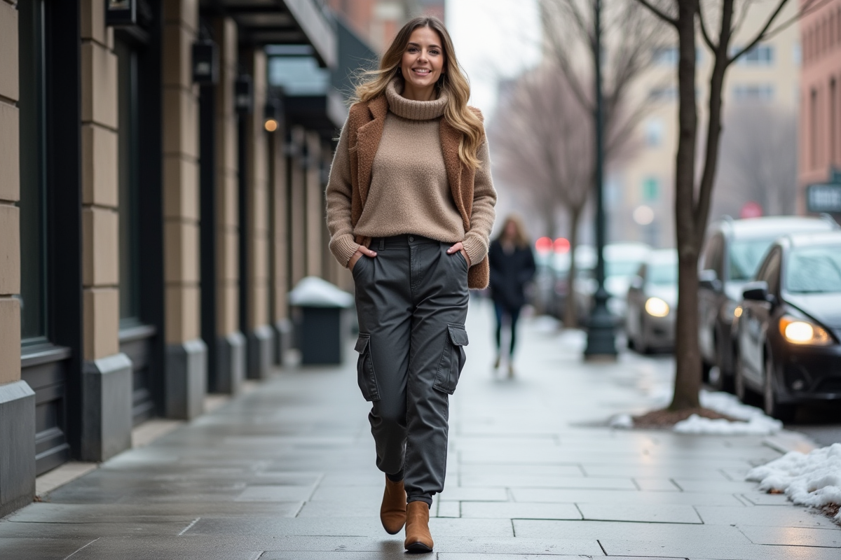 Femme élégante en cargo gris dans la ville en hiver