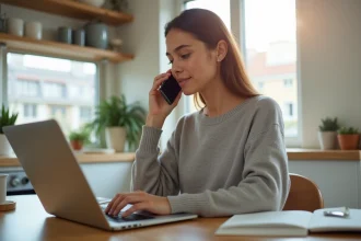 Femme assise à une table de cuisine moderne avec smartphone et ordinateur