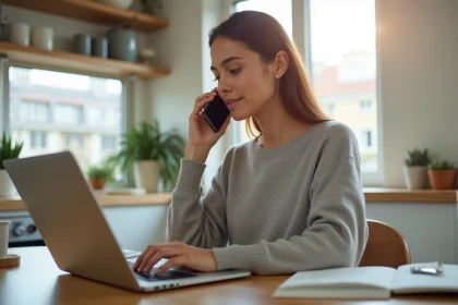 Femme assise &agrave; une table de cuisine moderne avec smartphone et ordinateur