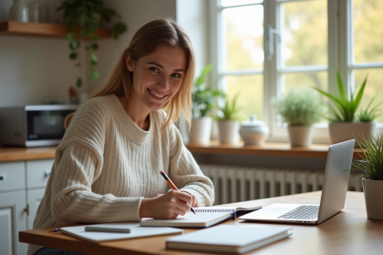 Jeune femme organis&eacute;e v&eacute;rifiant sa to do list dans une cuisine lumineuse