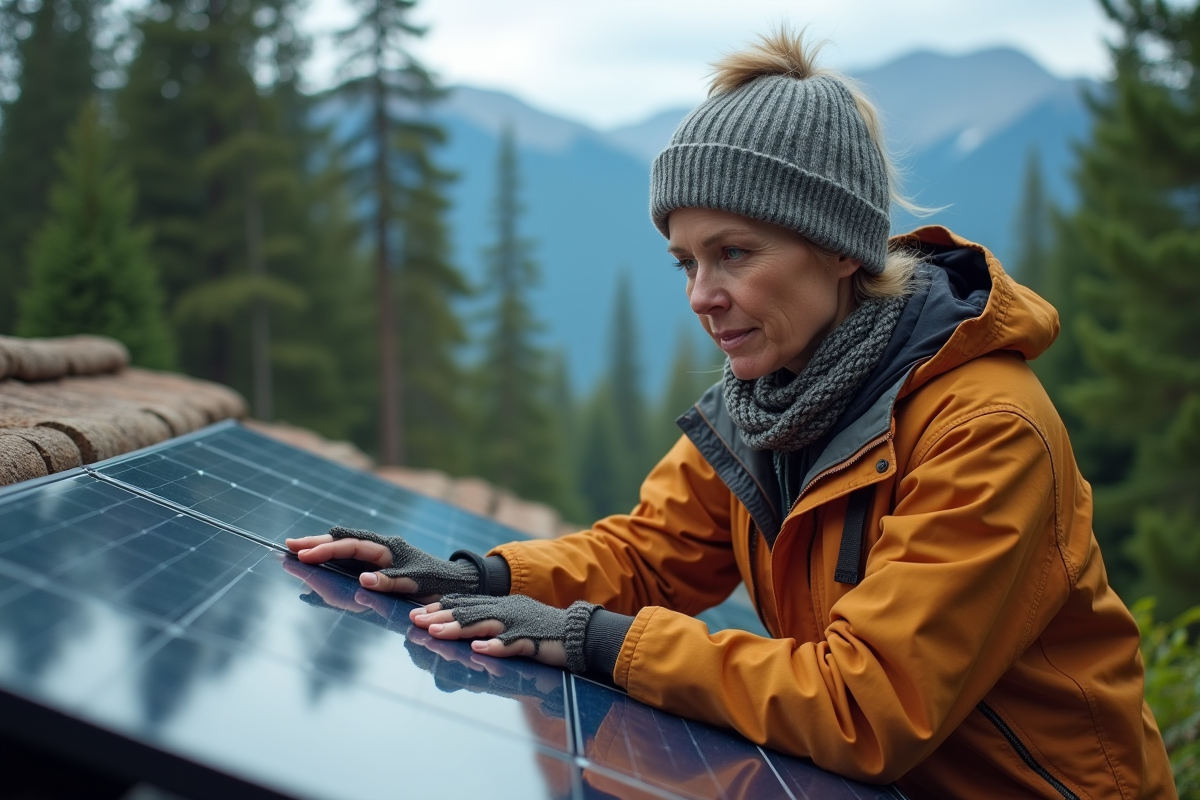 Femme vérifiant panneaux solaires sur cabane en forêt