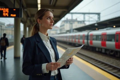 Femme consultant un plan du RER sur le quai d'une gare parisienne avec tableau des départs en arrière-plan