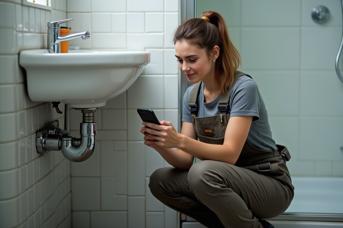 Femme plombier vérifiant son smartphone sous un lavabo