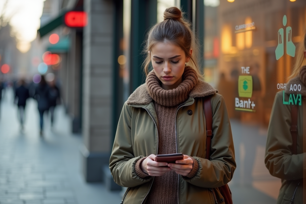 Jeune femme pensive regardant son portefeuille vide en ville