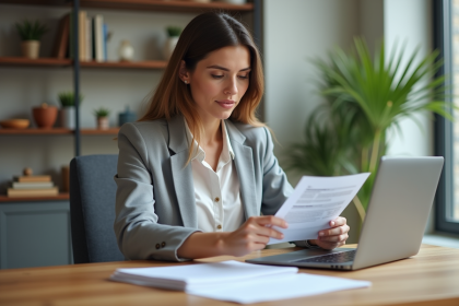 Femme en blazer examine documents de prêt immobilier