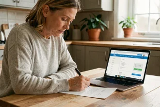 Femme rédigeant une lettre de résiliation SFR box à la main sur une table en bois avec un ordinateur portable ouvert