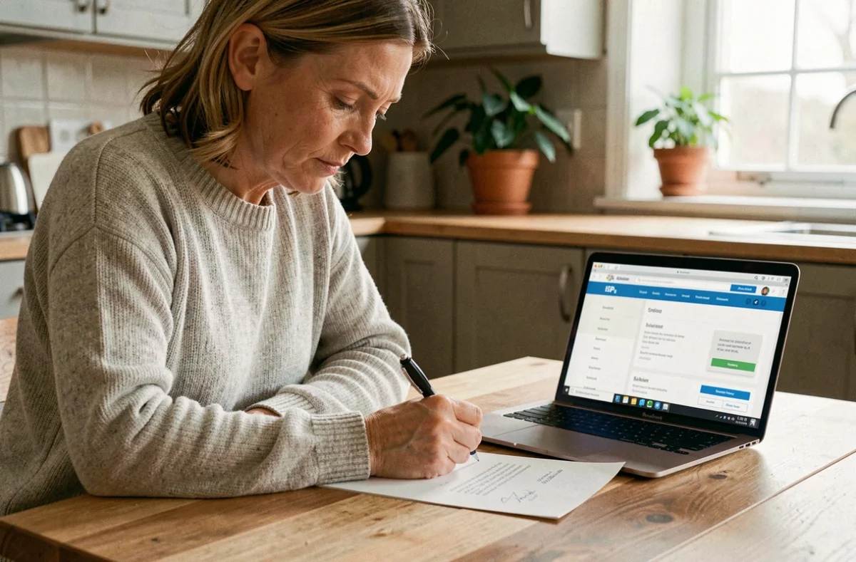 Femme rédigeant une lettre de résiliation SFR box à la main sur une table en bois avec un ordinateur portable ouvert