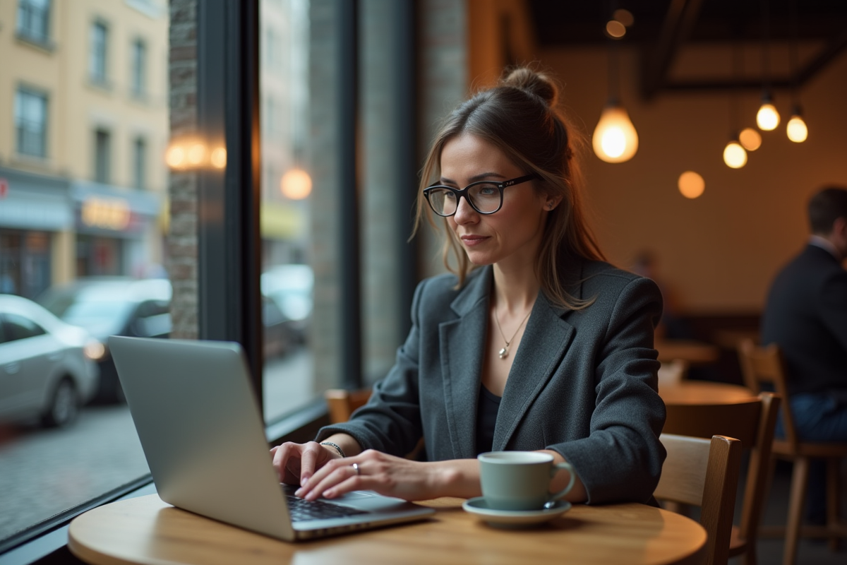 Femme d'âge moyen dans un café contemplant son ordinateur