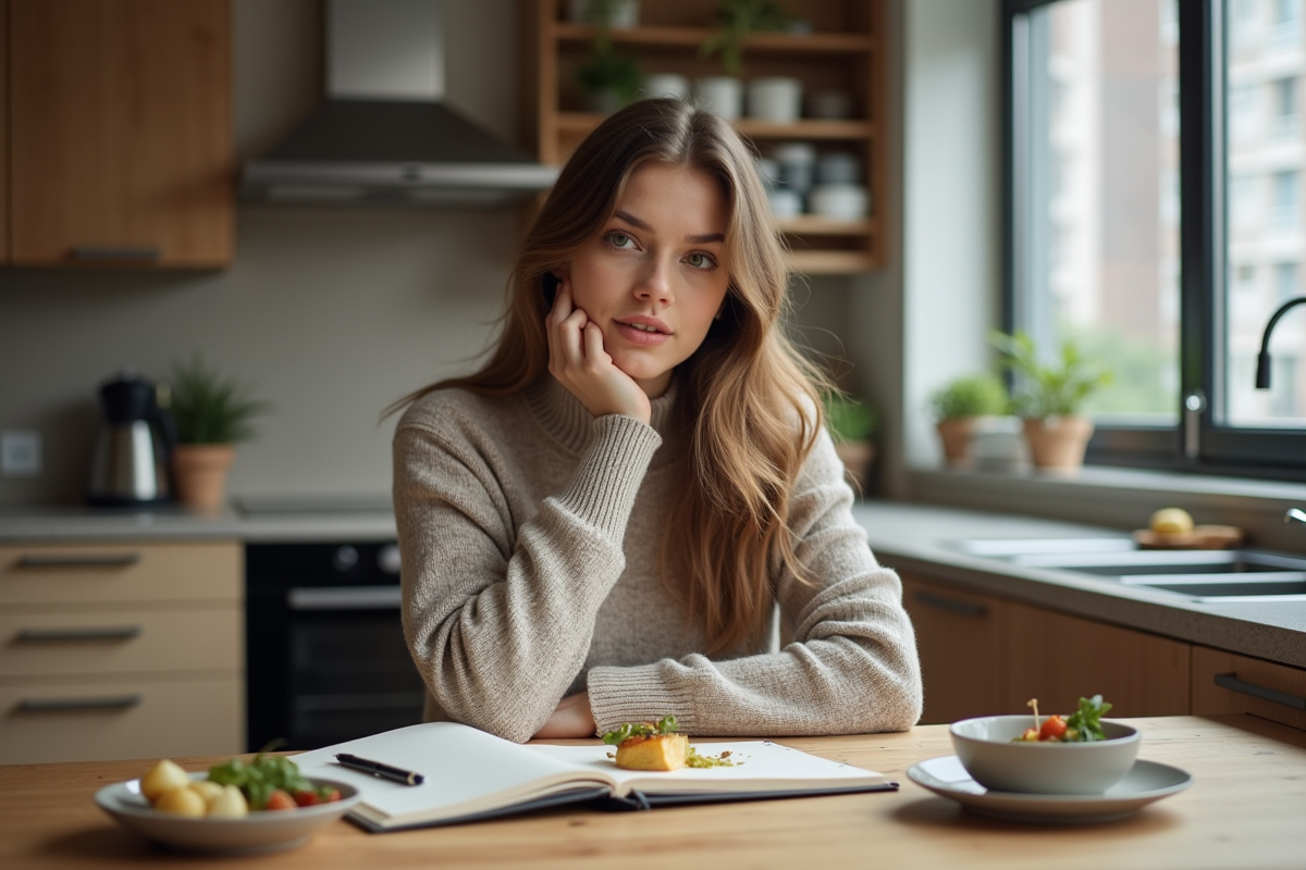 Jeune femme pensant dans une cuisine urbaine moderne