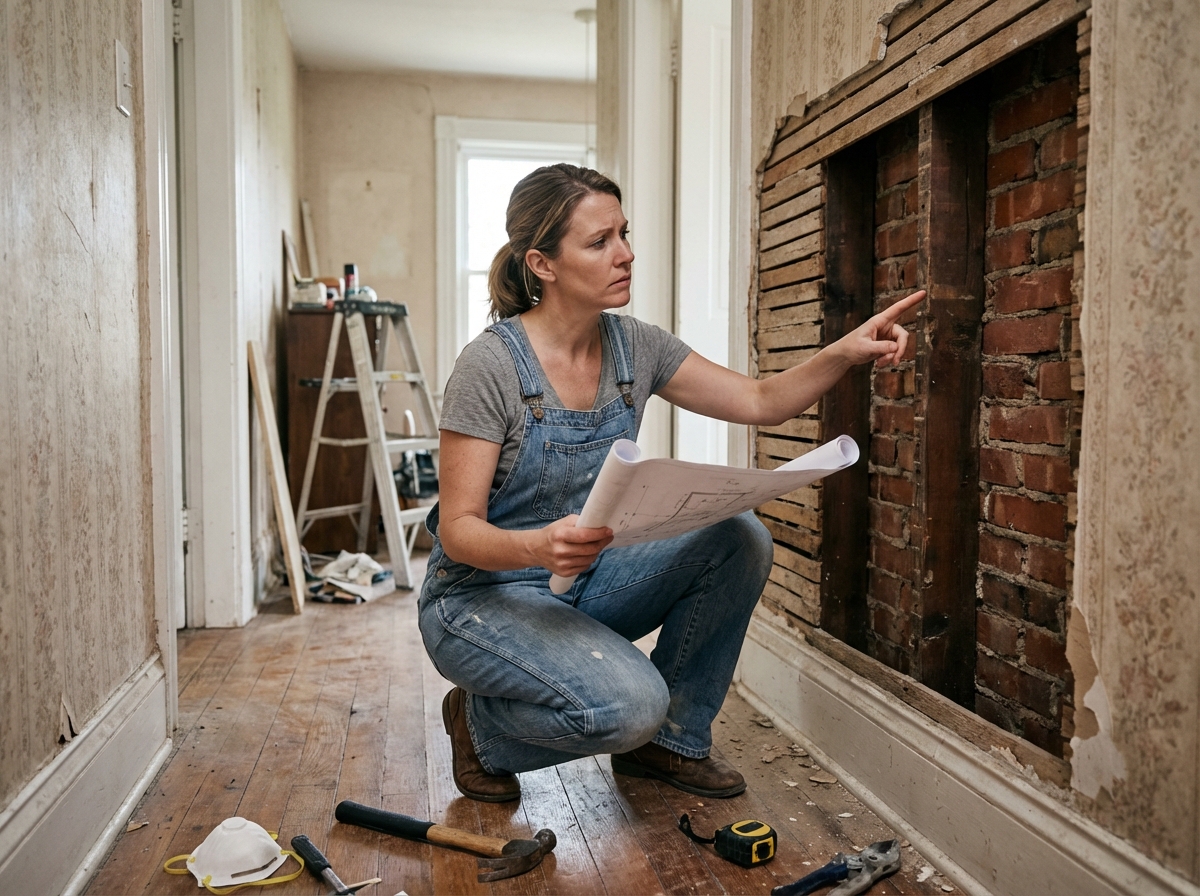 Femme en overalls examinant un mur en rénovation dans une maison ancienne