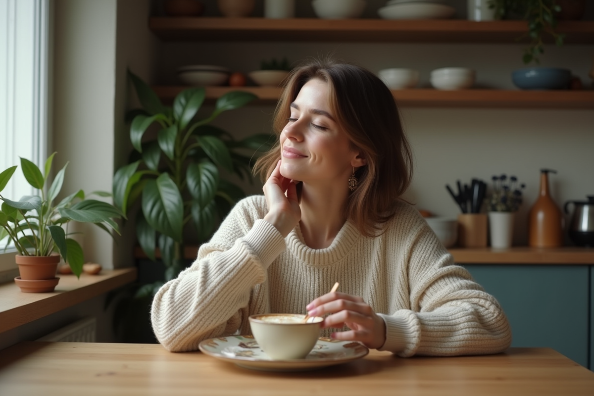 Femme souriante dégustant un repas dans une cuisine chaleureuse