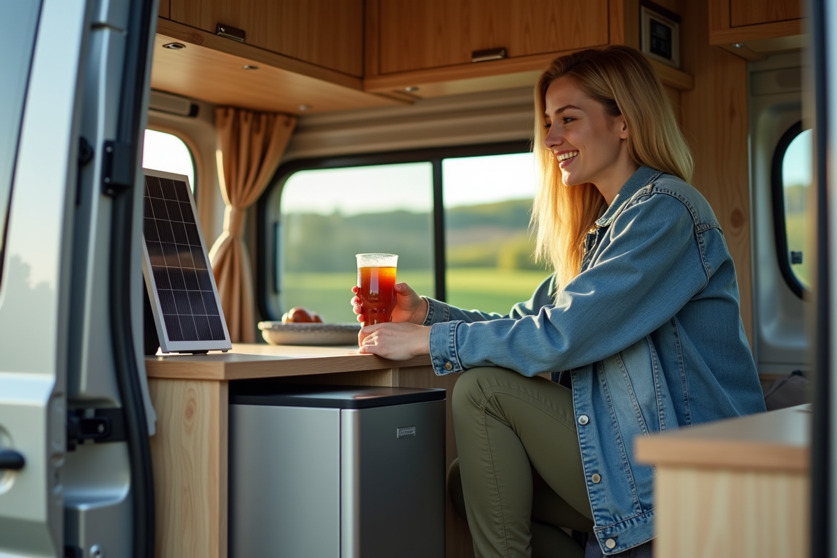 Femme dans un van récupérant une boisson dans un frigo portable